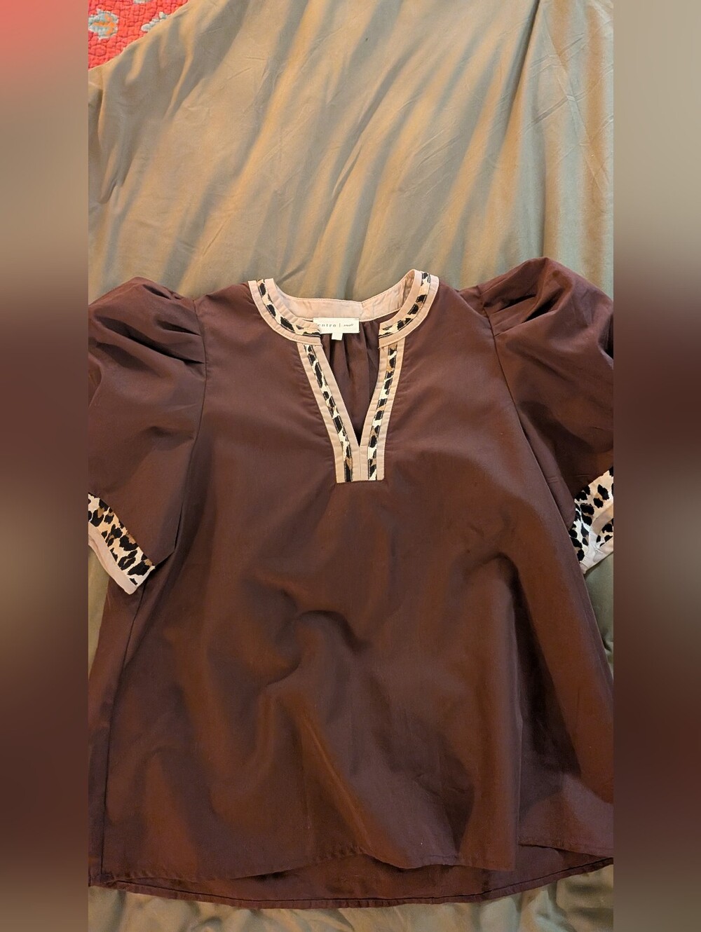 Anthropologie , Entro Brown Puff-Sleeve Top with Animal-Print Trim
